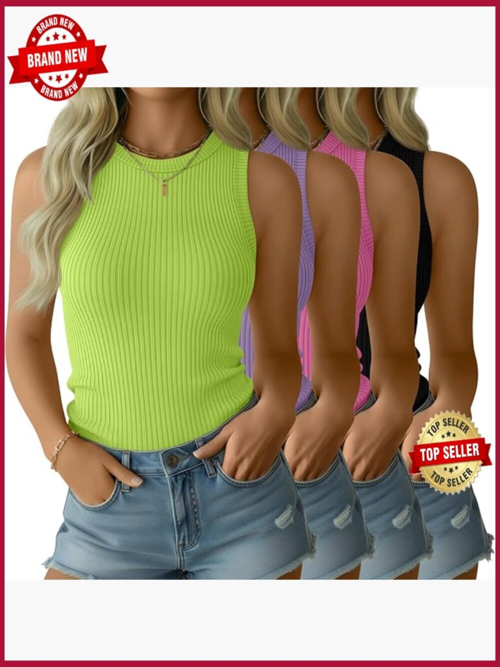 4 Pack High Neck Tank Tops Ribbed Sleeveless Cotton Summer Basic Tees